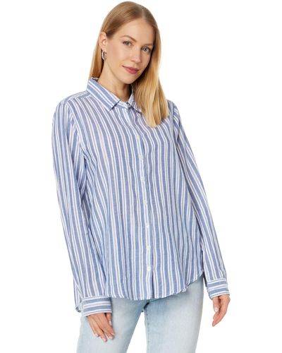 Dylan By True Grit Taylor Stripe Long Sleeve Shirt Crisp Cotton Yarn-dye With Thin Silver Stripe - Blue