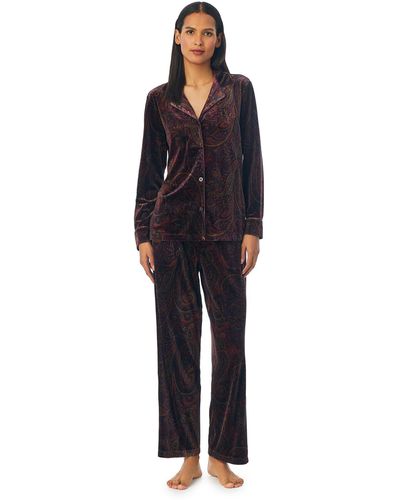 Lauren by Ralph Lauren Long Sleeve Velvet Notch Collar Long Pj Set - Black