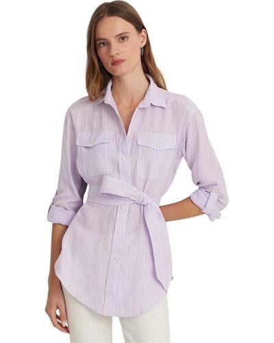 Lauren by Ralph Lauren Relaxed Fit Striped Belted Linen Shirt - Purple