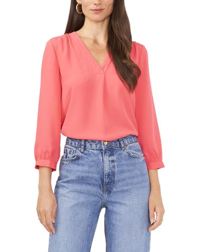 Vince Camuto 3/4 Sleeve V-neck Blouse With Shirring - Red
