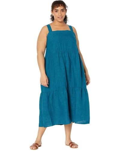 Eileen Fisher Tiered Strap Full-length Dress In Washed Organic Linen Delave - Blue