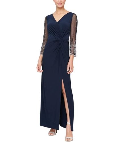 Alex Evenings Long Surplice Neckline Dress W/ Embellished Illusion Sleeves, Knot Front - Blue
