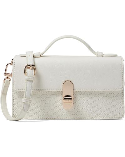 Anne Klein E/w Embossed Logo Flap Shoulder Bag With Turn Lock - White