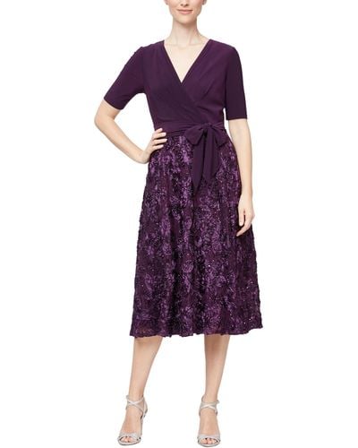 Alex Evenings Tea-length Dress With Rosette Lace - Purple