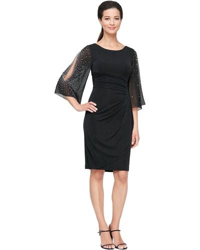 Alex Evenings Short Sheath Dress With Embellished Illusion Split Sleeves And Skirt - Black