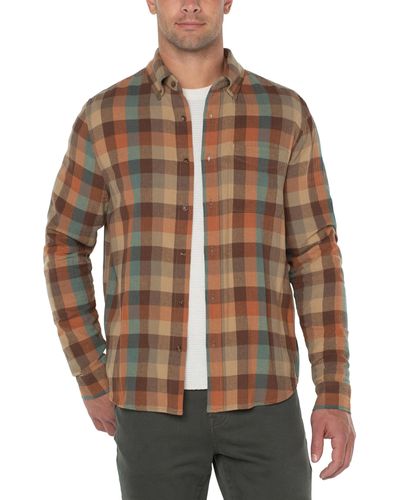 Liverpool Los Angeles Flannel Shirt With Button Collar - Brown