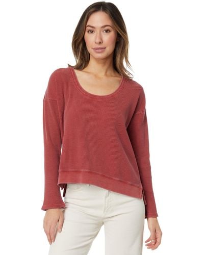 Mod-o-doc Washed Waffle Long Sleeve Open Neck Top - Red