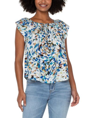 Liverpool Los Angeles Petal Sleeve Woven Top With Neck Ties - Blue