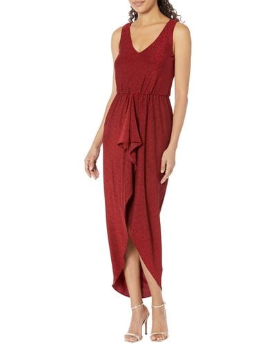 Calvin Klein V-neck Glitter Knit Gown With Ruched Front - Red