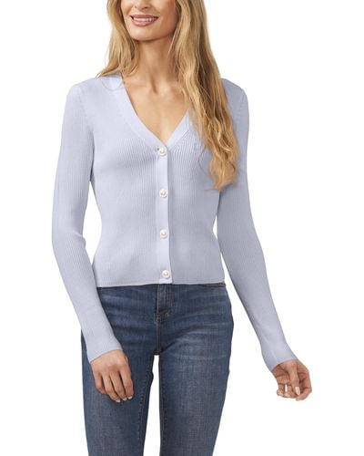Cece Ribbed Pearl Button Cardigan - Blue