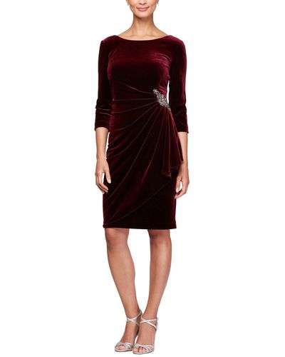 Alex Evenings 3/4 Sleeves Short Side Ruched Dress W/ Beaded Detail At Hip - Red