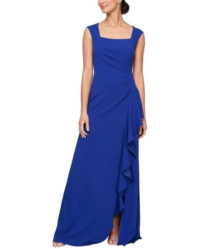 Alex Evenings Long Crepe Dress With Square Neck And Cascade Ruffle Detail - Blue