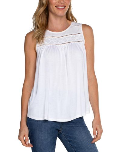 Liverpool Los Angeles Embroidered Slvless Knit To Woven Muscle Tank - White