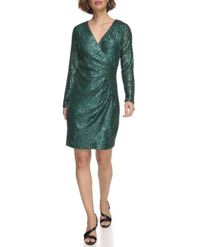 DKNY Sequin Side Ruched Dress - Green