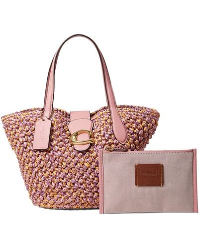 COACH Small Popcorn Texture Straw Tote - Pink
