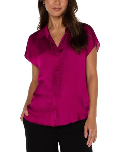 Liverpool Los Angeles Dolman Sleeve Satin Blouse With Collar Button Front - Red
