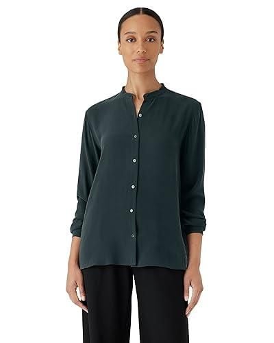 Eileen Fisher Mandarin Collar Boxy Shirt - Green