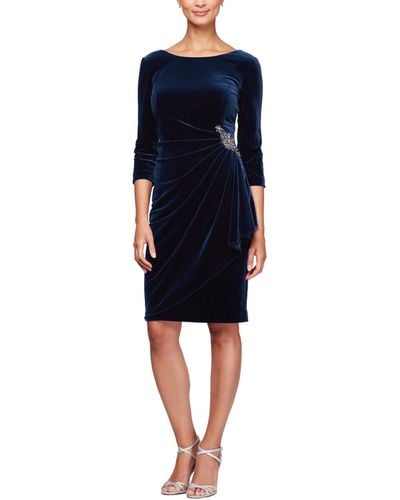 Alex Evenings 3/4 Sleeves Short Side Ruched Dress W/ Beaded Detail At Hip - Blue
