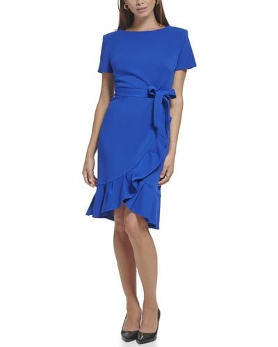 Calvin Klein Short Sleeve Ruffle Wrap Dress - Blue