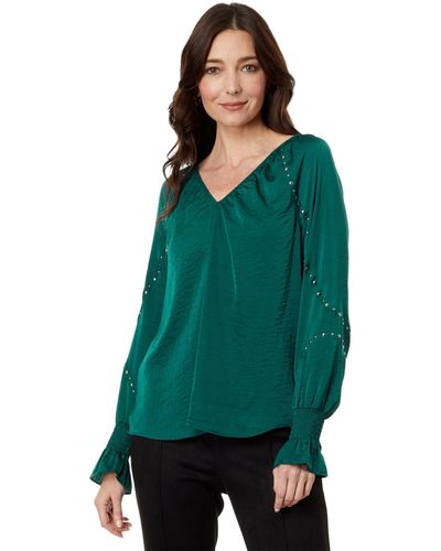 Vince Camuto Embroidered V-neck Long Sleeve Blouse - Green