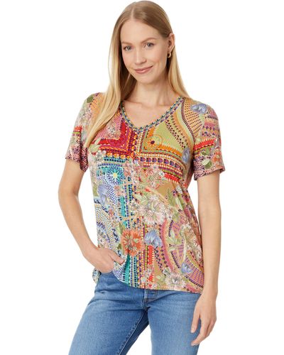Johnny Was The Janie Favorite Short Sleeve V-neck Tee-mosaic - Blue