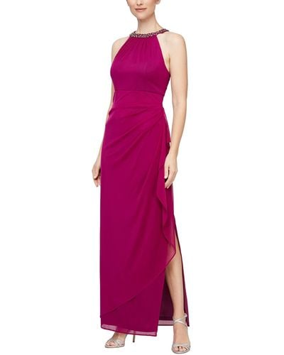 Alex Evenings Beaded Halter Long Gown With Side Ruching - Purple