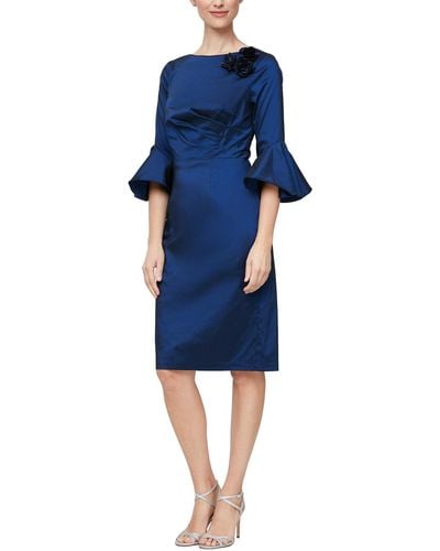 Alex Evenings Short Sheath Dress W/shoulder Floral Detail Bell Sleeves - Blue