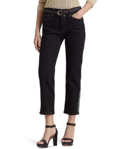 Lauren by Ralph Lauren Beaded High-rise Straight Cropped Jeans In Black Rinse Wash