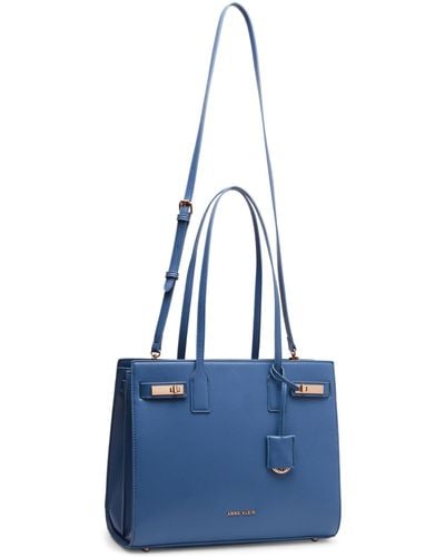 Anne Klein Triple Compartment Minimal Tote With Double Turnlock - Blue