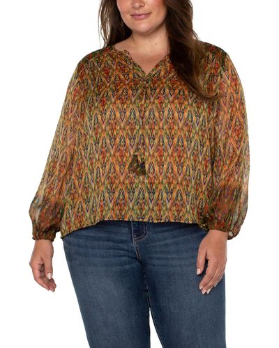 Liverpool Los Angeles Plus Size Long Sleeve Double Layer Tie Front Woven Blouse - Brown