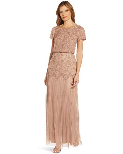 Adrianna Papell One Size Boat Neck Short Sleeve Blouson Beaded Gown - Natural