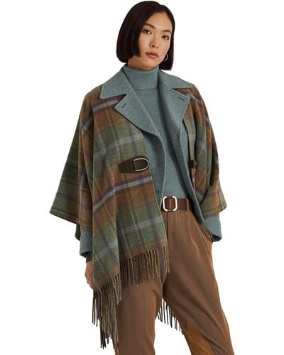 Lauren by Ralph Lauren Plaid Fringe-trim Wool-blend Poncho - Green