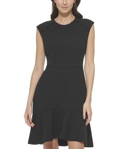 Calvin Klein Scuba Crepe Dress With Flutter Hem And Button Details - Black