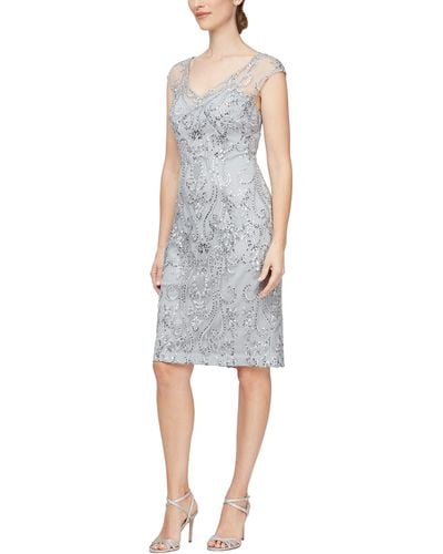 Alex Evenings Short Embroidered Dress With Illusion Neckline - Gray
