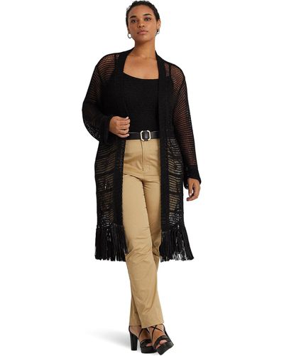 Lauren by Ralph Lauren Plus-size Pointelle-knit Linen-blend Cardigan - Black