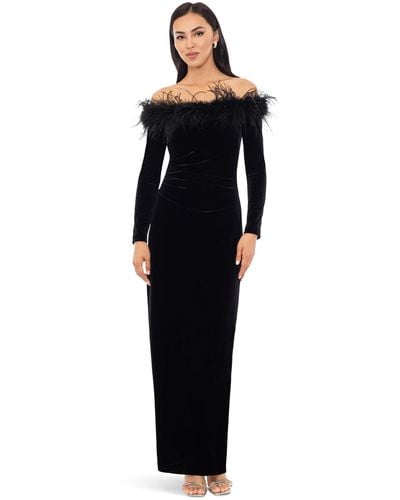 Xscape Off-the-shoulder Long Sleeve Velvet With Feathers - Black