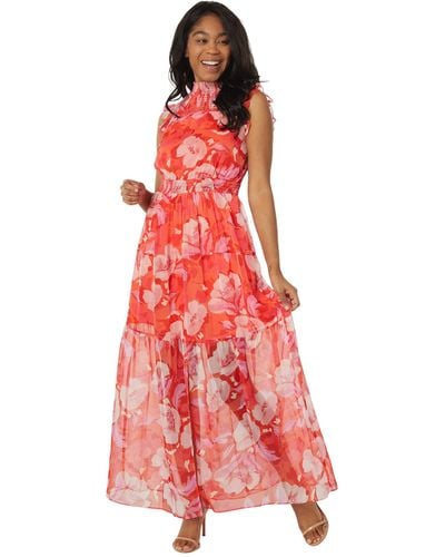 Vince Camuto Floral Chiffon Maxi Dress With Smocking Detail - Red