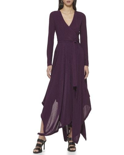 DKNY Long Sleeve Rib Hacci Wrap Maxi Dress - Purple