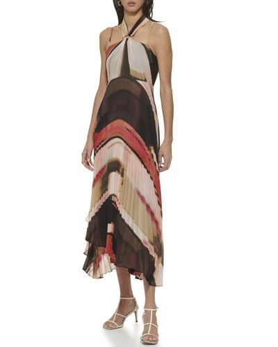 DKNY Sleeveless Print Chiffon Pleated Halter Dress - Brown