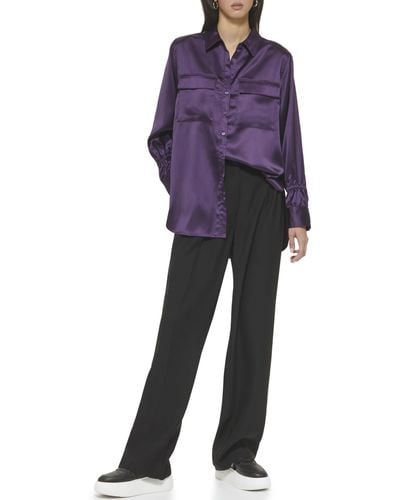 DKNY Long Sleeve Two-pocket Button Front Blouse - Purple