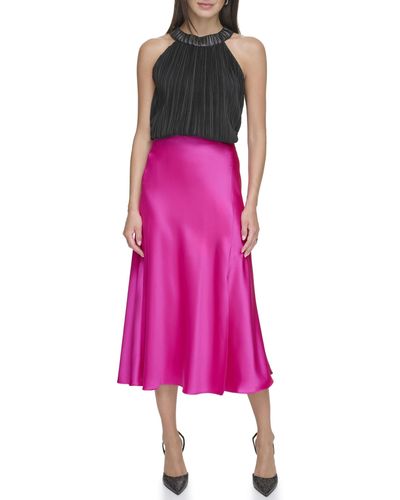 DKNY Silky Satin Slip Skirt With Slit - Pink