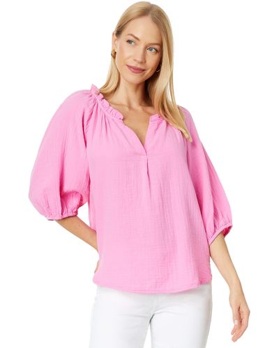 Dylan By True Grit Taylor Cotton Gauze Puff Sleeve Popover - Pink