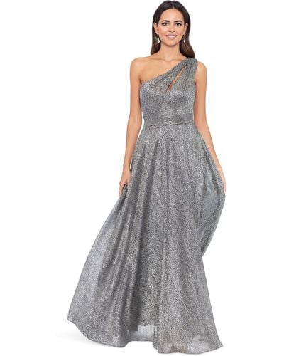 Betsy & Adam Long Foil One Shoulder Dress With Cutout - Gray