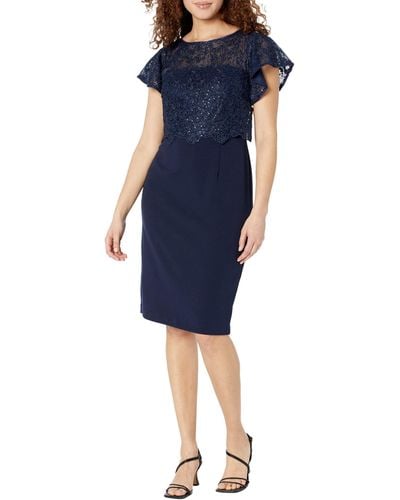 Adrianna Papell Sequin Guipure Lace Popover Top Sheath Dress - Blue