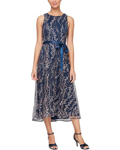 Alex Evenings Midi Length Embroidered Dress With Satin Tie Belt - Blue