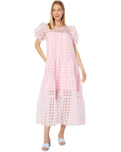 English Factory Organza Gridded Puff Sleeve Maxi Dress - Pink