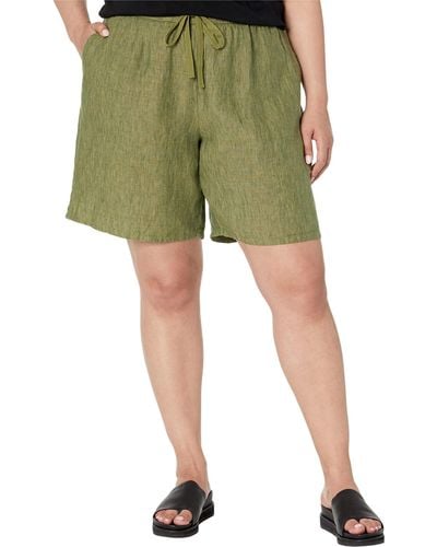 Eileen Fisher Midthigh Shorts W/ Drawstring In Washed Organic Linen Delave - Green