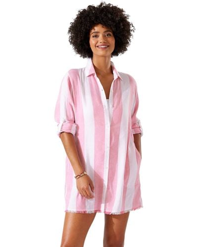 Tommy Bahama Rugby Beach Stripe Boyfriend Shirt Cover-up - Red