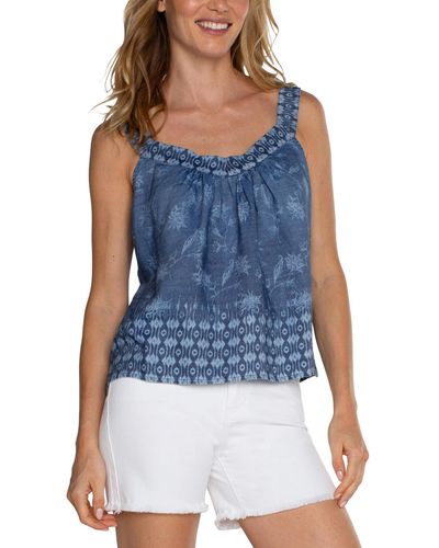 Liverpool Los Angeles Slvless V Neck Easy Fit Tank With Smocking - Blue