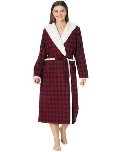 L.L. Bean Petite Scotch Plaid Flannel Sherpa Lined Long Robe - Red